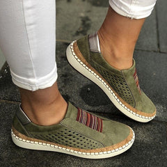 Women's Shoes Hand-stitched Striped Breathable Elastic Band Retro Casual Flat Suitable for Wide